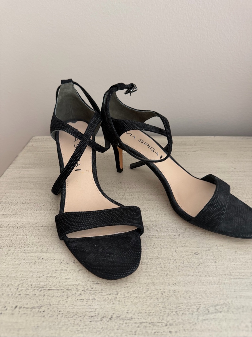 Via Spiga Black Strappy Ankle-Tie Heels